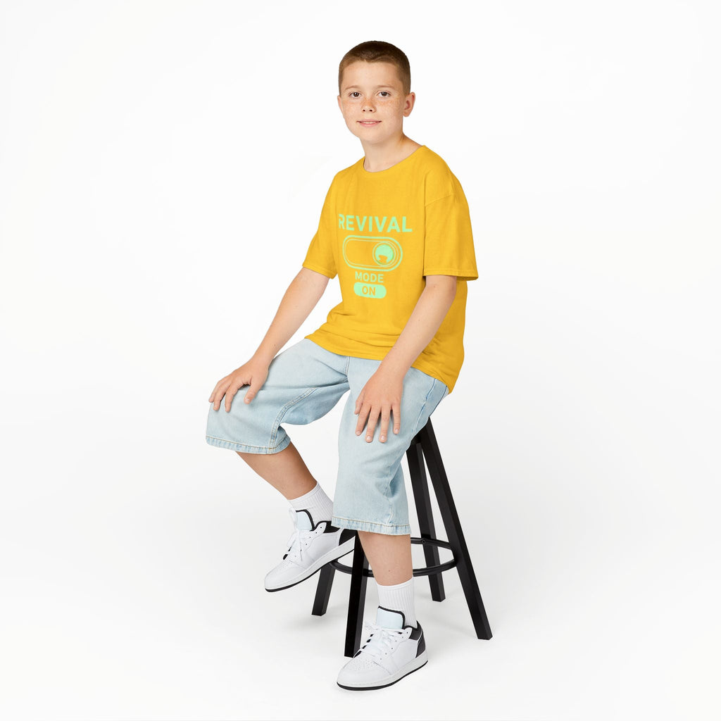 🔥 Revival Mode: ON – Christian Techwear Kids T-Shirt | Glowing Green Faith Switch | Futuristic Jesus Shirt | Activate Your Spiritual Awakening | Uplifted Gear Printify