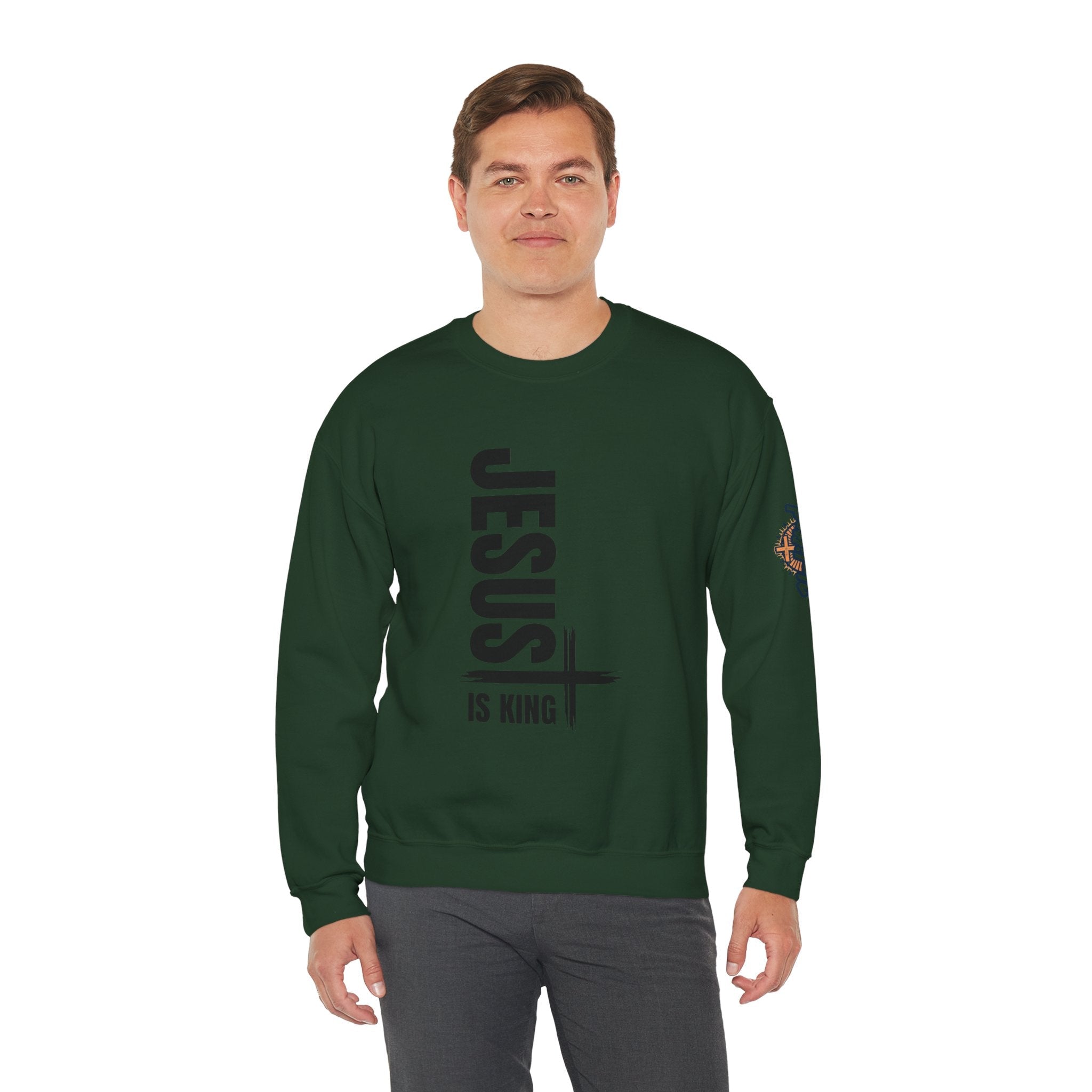 Jesus Is King Sweatshirt | Modern Typographic Cross Christian Sweatshirt Printify
