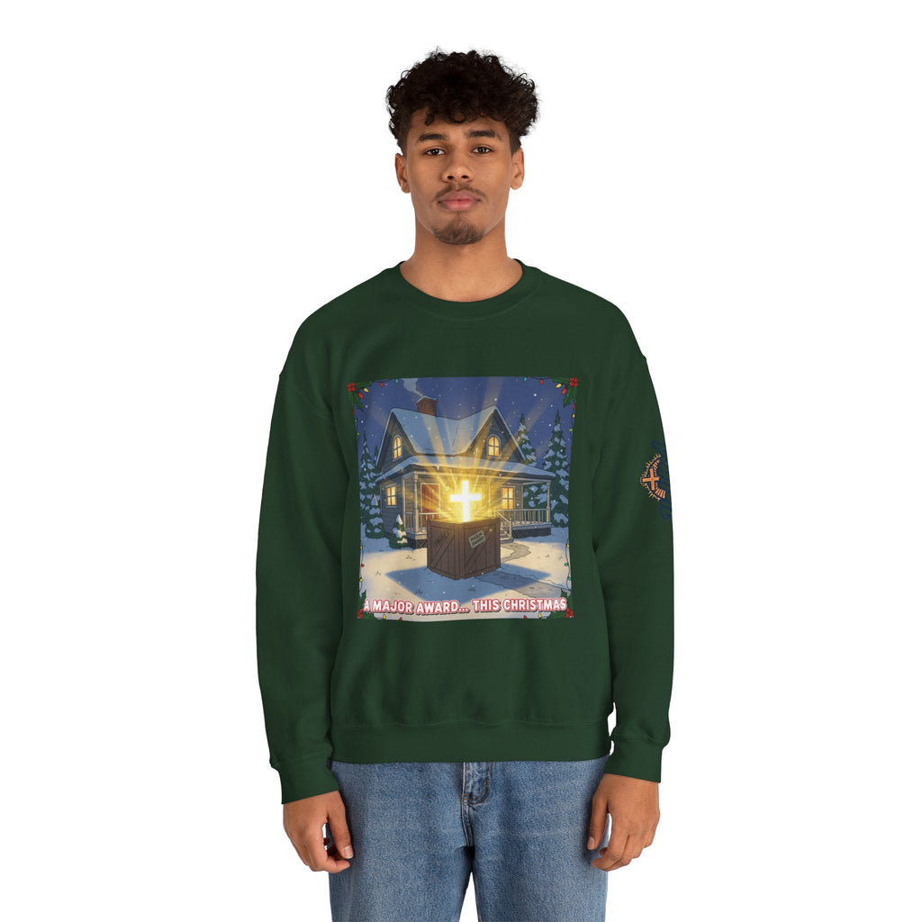 A Major Award This Christmas Sweatshirt – Fragile Leg Lamp Parody Cross Unboxing Christian Sweatshirt for Hilarious Faith & Holiday Glow Printify