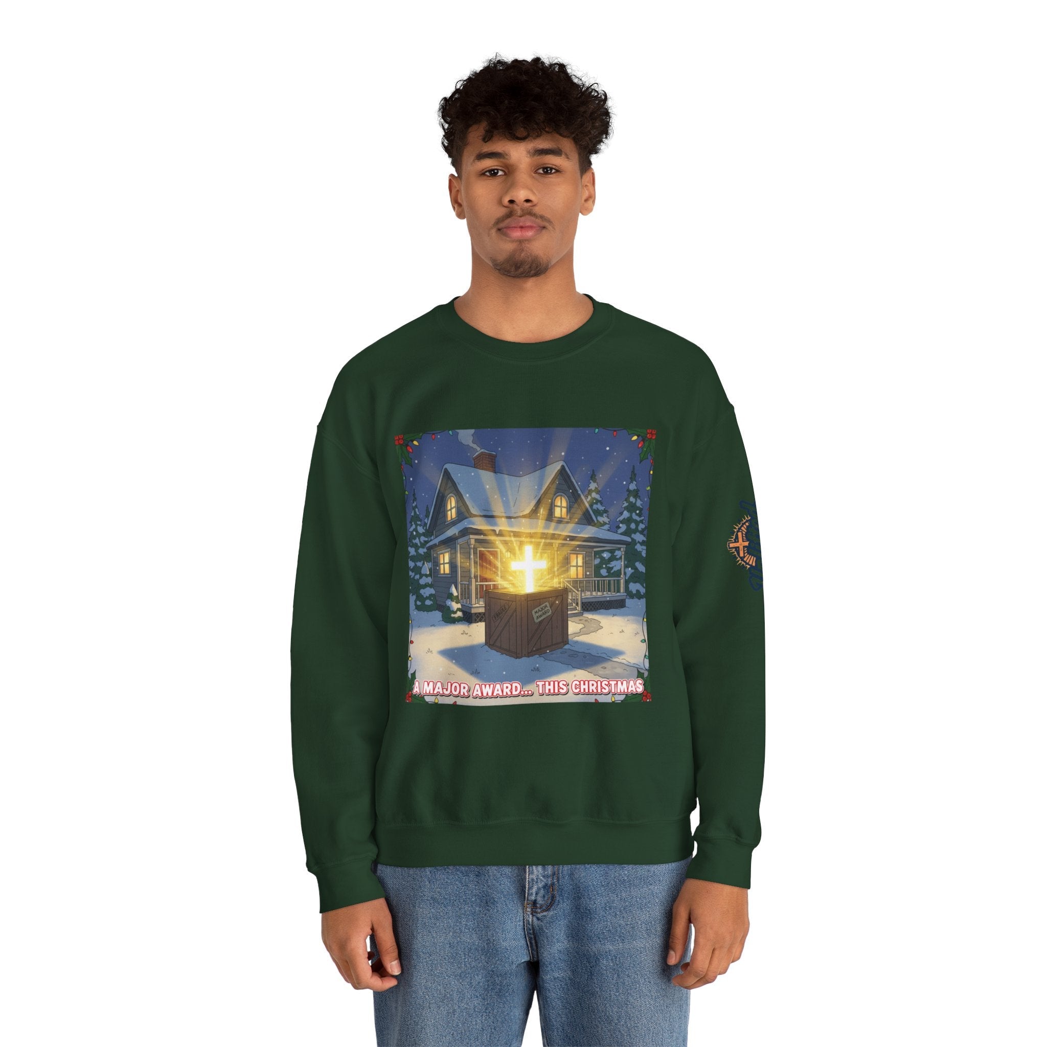 A Major Award This Christmas Sweatshirt – Fragile Leg Lamp Parody Cross Unboxing Christian Sweatshirt for Hilarious Faith & Holiday Glow Printify