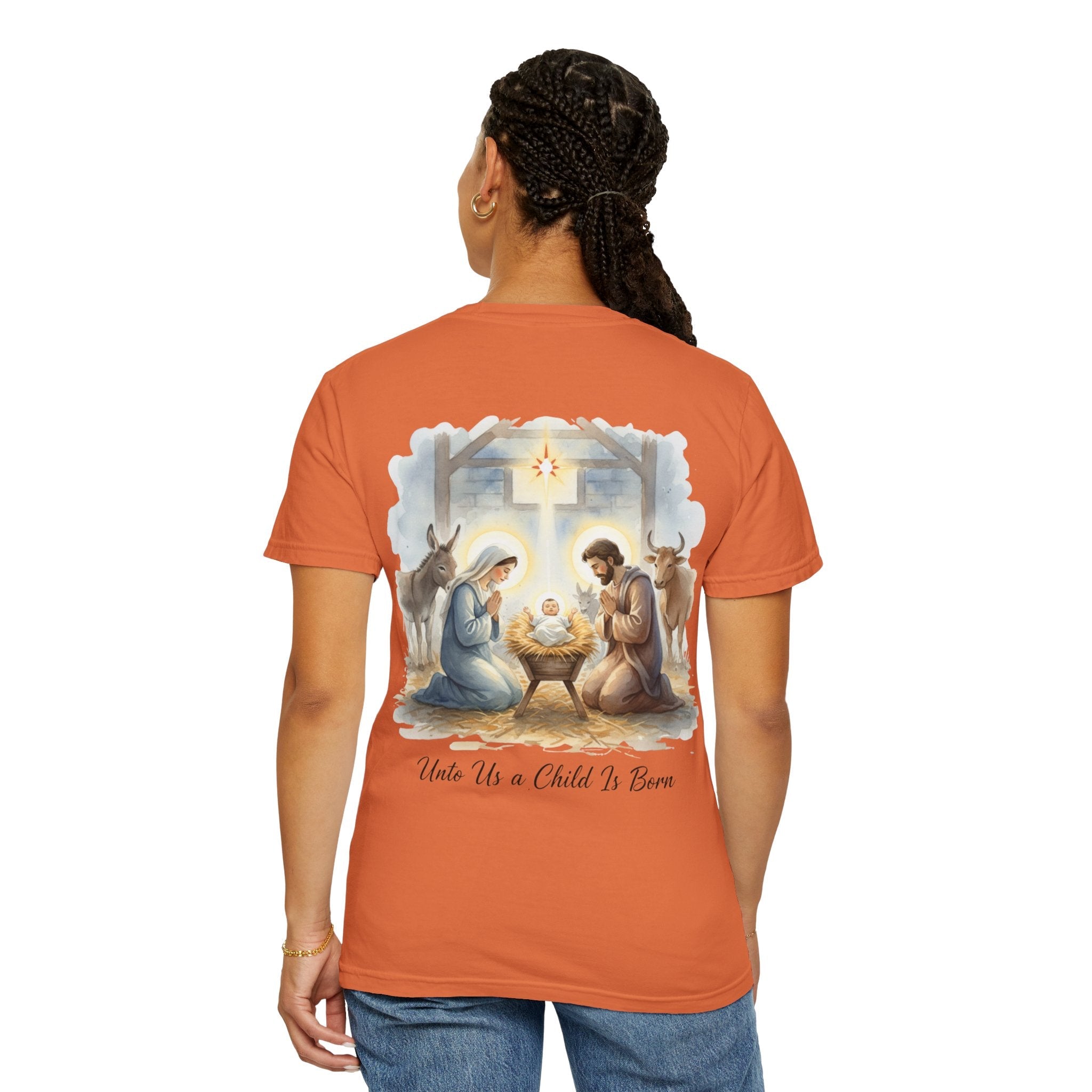 Unto Us a Child is Born T-shirt – Isaiah 9:6 Nativity Manger Scene Christian Christmas T-shirt for Holy Night Faith Printify