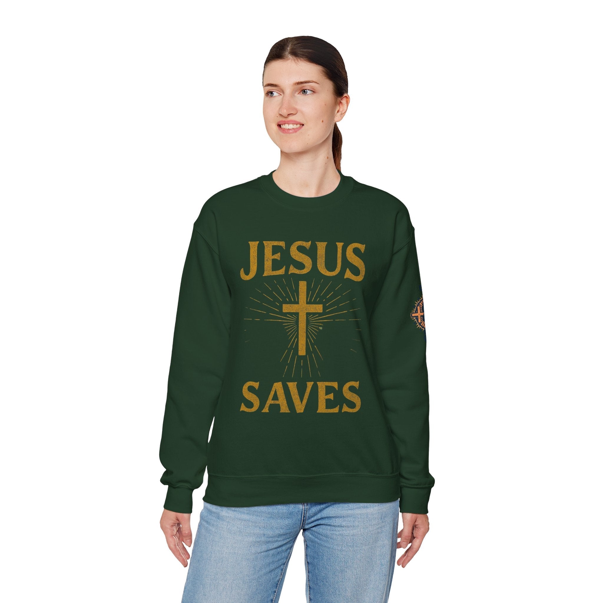 Jesus Saves Sweatshirt – Radiant Cross & Rays of Light Christian Sweatshirt for Eternal Hope & Faith Printify