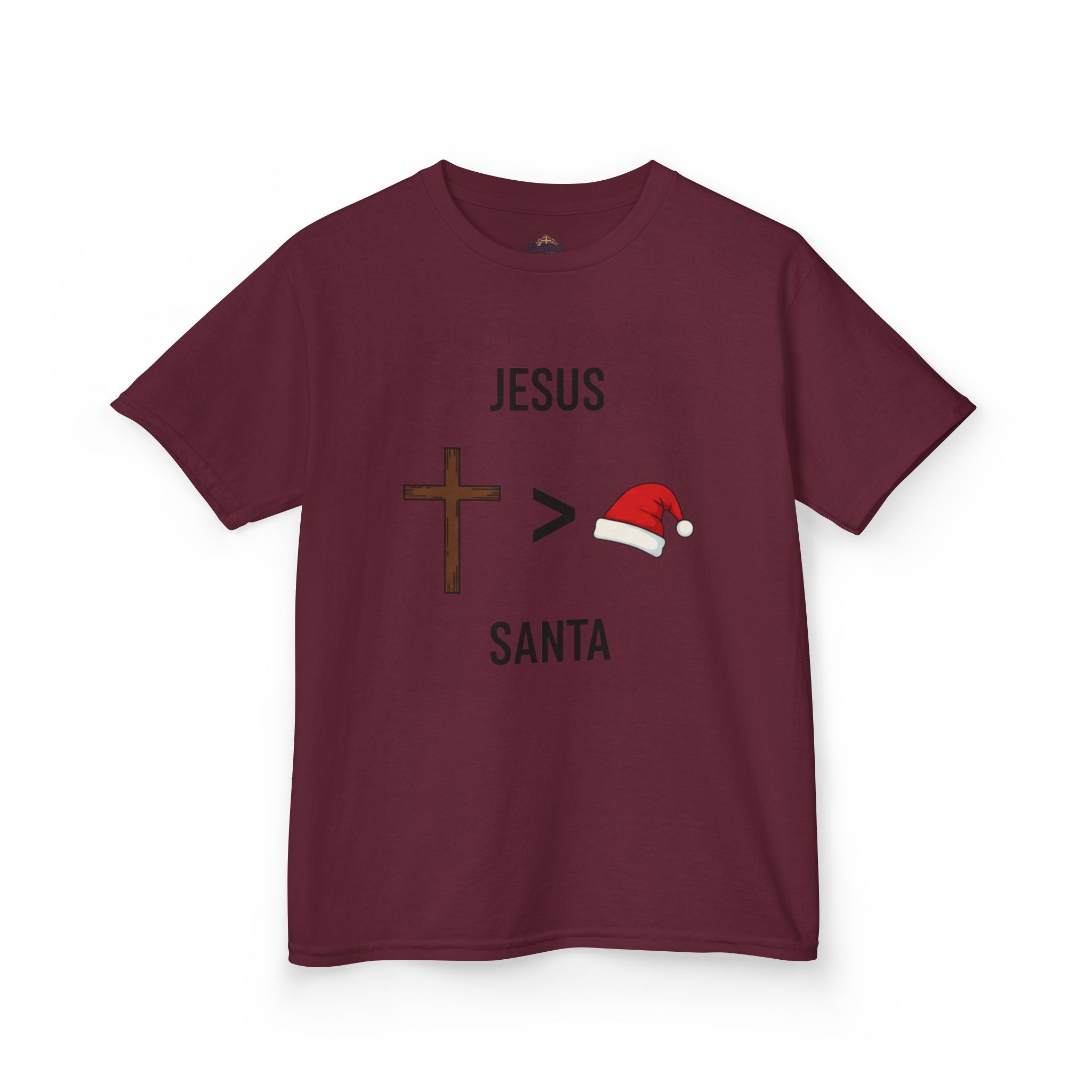 🎄 Jesus > Santa – Minimalist Christian Christmas Kids T-Shirt | Bold Faith Over Holiday Tee | Cross vs Santa Hat Design | Uplifted Gear Printify