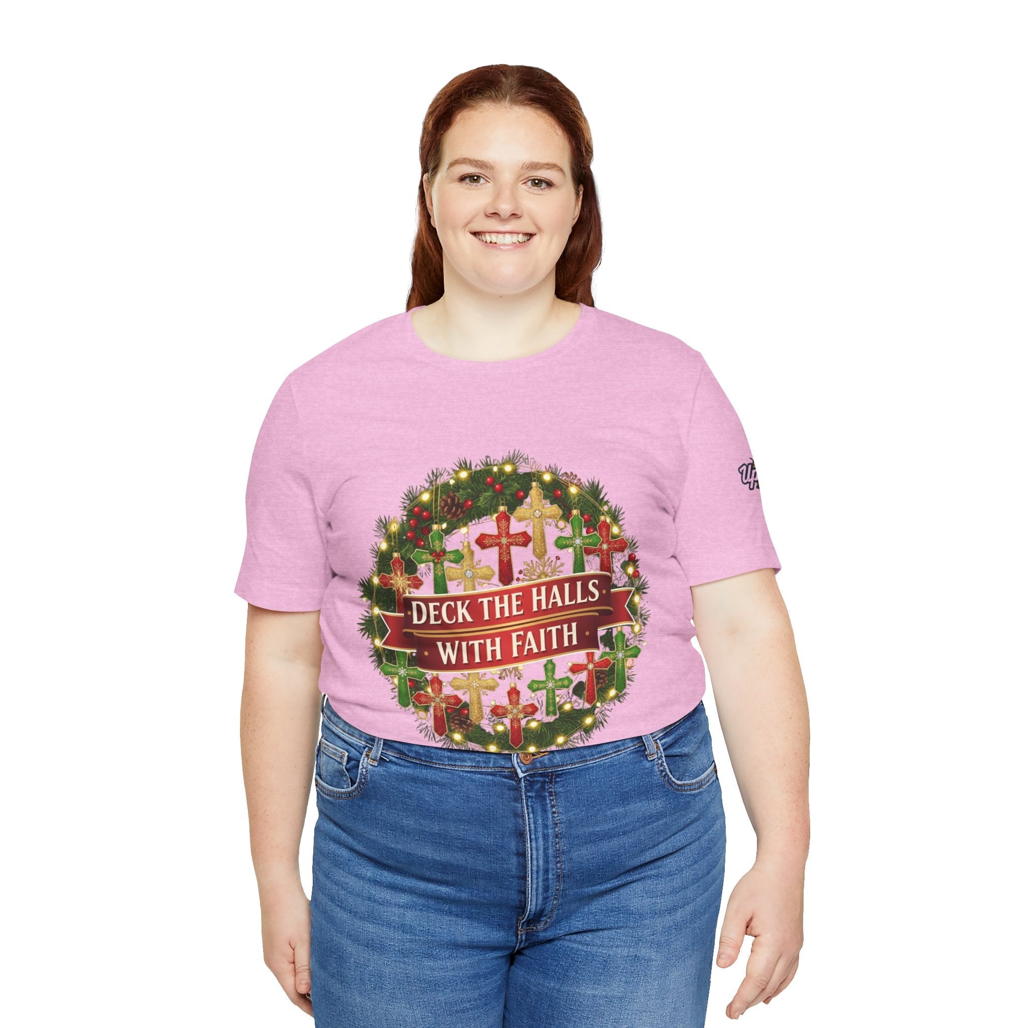 🎄 Deck the Halls with Faith – Christian Christmas T-Shirt | Cross Ornament Design & Festive Garland | Bold Holiday Faith Tee by Uplifted Gear Printify