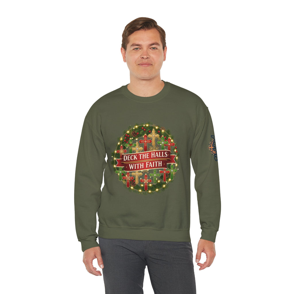 🎄 Deck the Halls with Faith – Christian Christmas Sweatshirt | Cross Ornament Design & Festive Garland | Bold Holiday Faith Tee by Uplifted Gear Printify