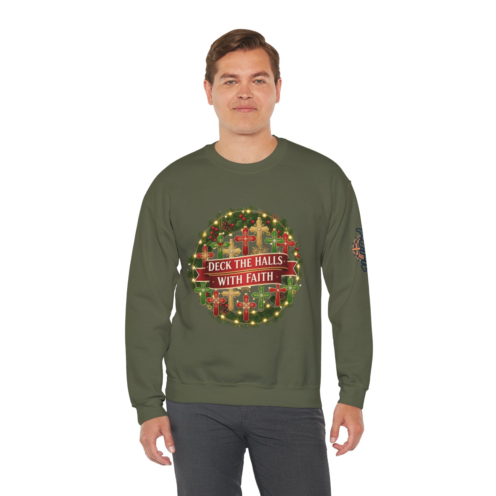 🎄 Deck the Halls with Faith – Christian Christmas Sweatshirt | Cross Ornament Design & Festive Garland | Bold Holiday Faith Tee by Uplifted Gear Printify