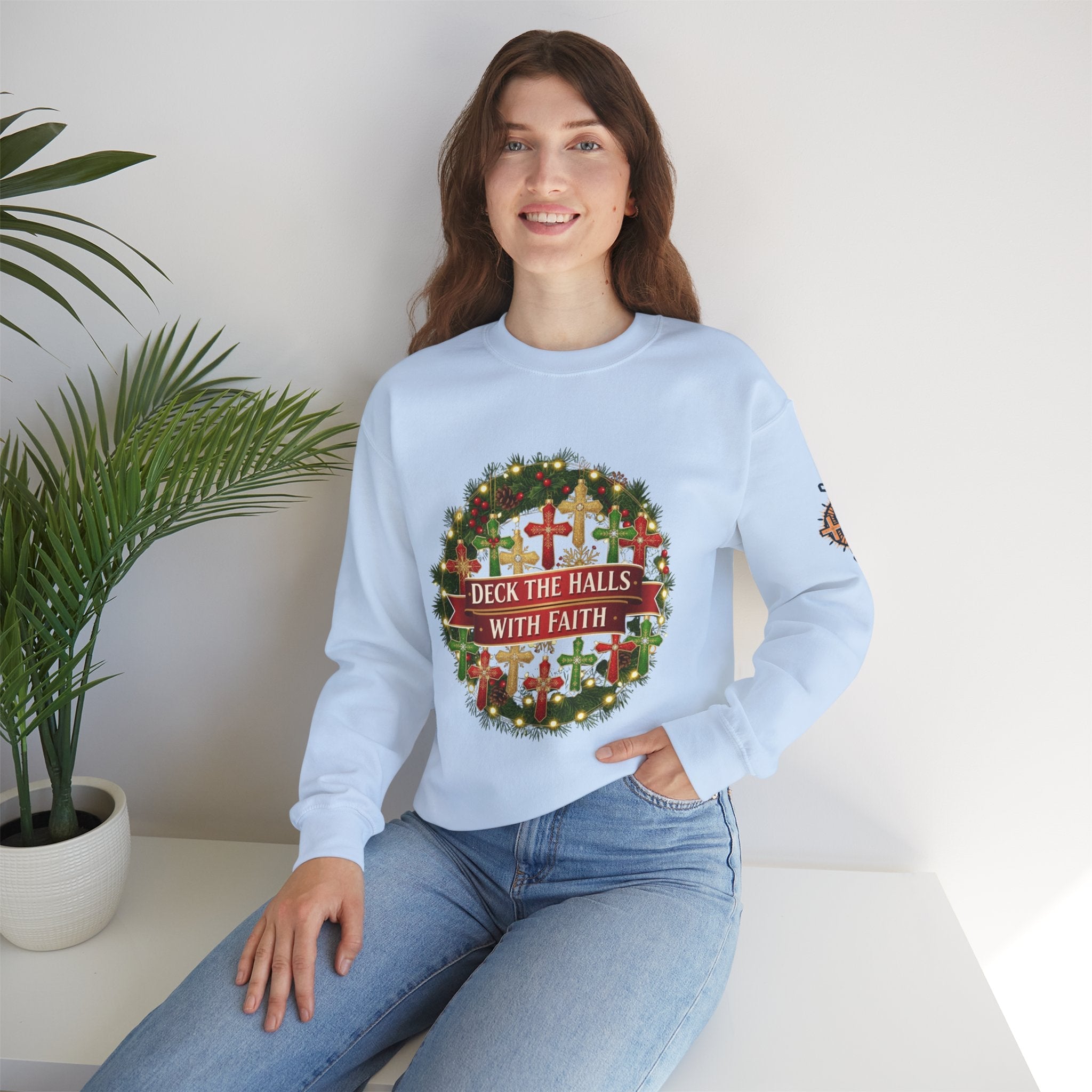 🎄 Deck the Halls with Faith – Christian Christmas Sweatshirt | Cross Ornament Design & Festive Garland | Bold Holiday Faith Tee by Uplifted Gear Printify