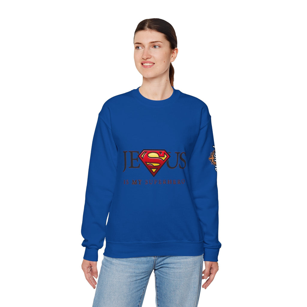 Jesus Is My Superhero Crewneck Sweatshirt Printify