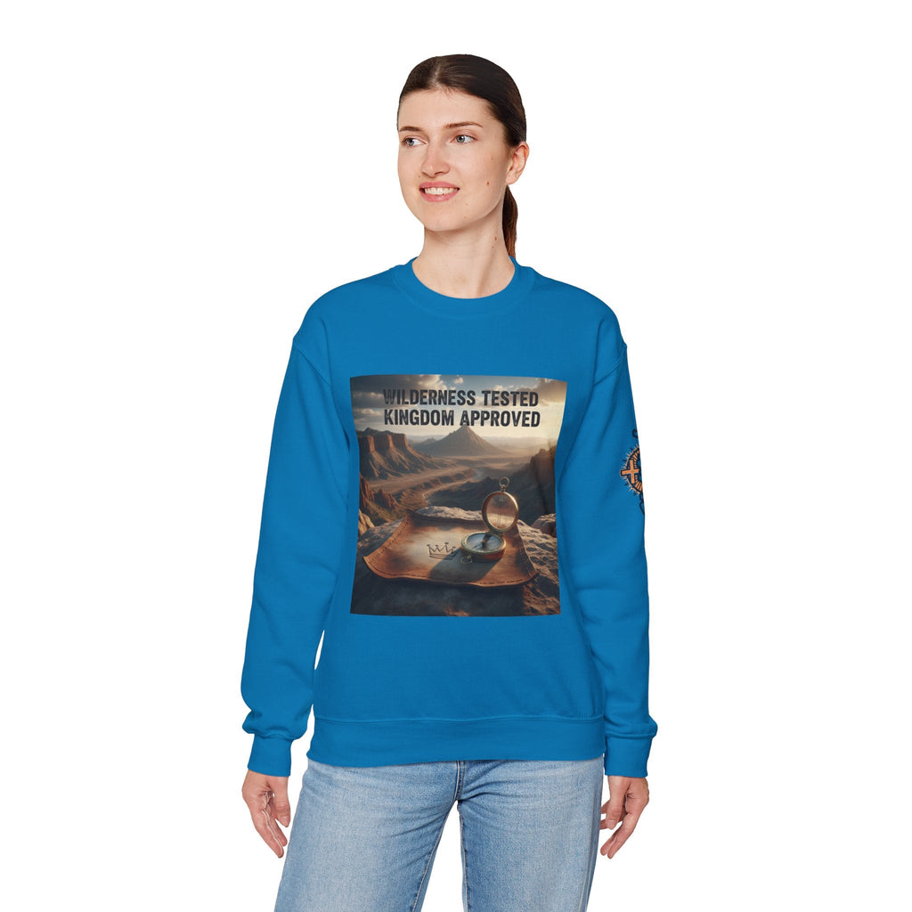 Wilderness Tested Kingdom Approved Sweatshirt – Mountain Desert Compass Crown Christian Sweatshirt for Biblical Adventure Faith Printify