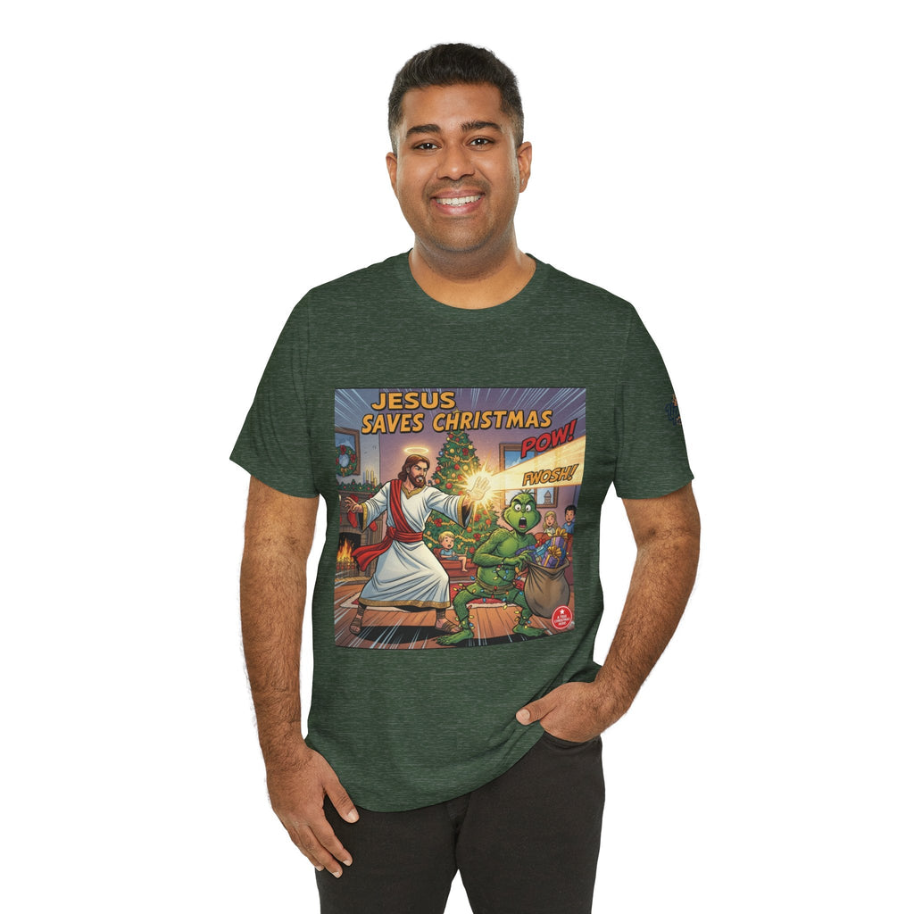 Jesus Saves Christmas T-shirt – Grinch vs Savior Light Battle Christian T-shirt for Hilarious Holiday Faith & True Joy Printify