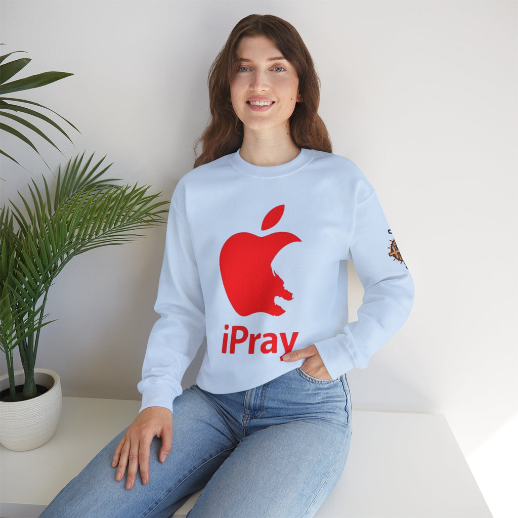 iPray Apple Logo Sweatshirt — Funny Christian Sweatshirt (Minimal Red Apple Graphic) Printify