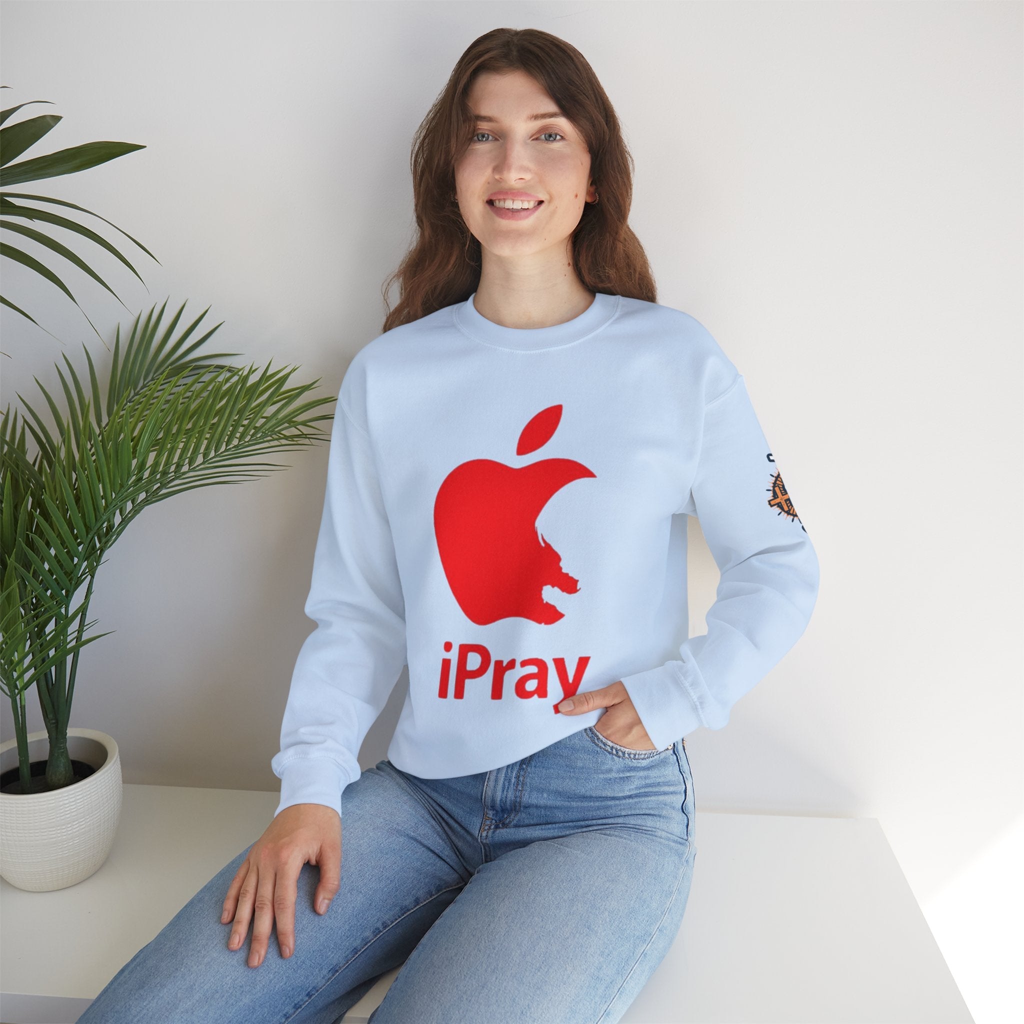 iPray Apple Logo Sweatshirt — Funny Christian Sweatshirt (Minimal Red Apple Graphic) Printify