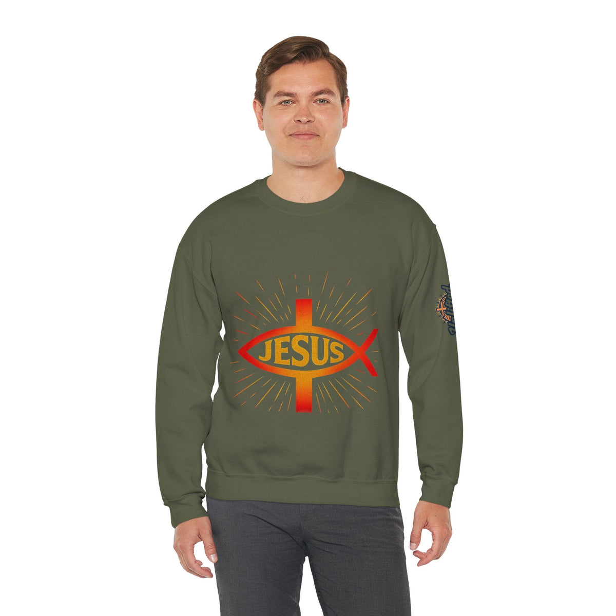 Jesus Ichthys Sweatshirt – Christian Fish Symbol with Cross & Jesus Inscription Sweatshirt for Eternal Faith & Streetwear Printify