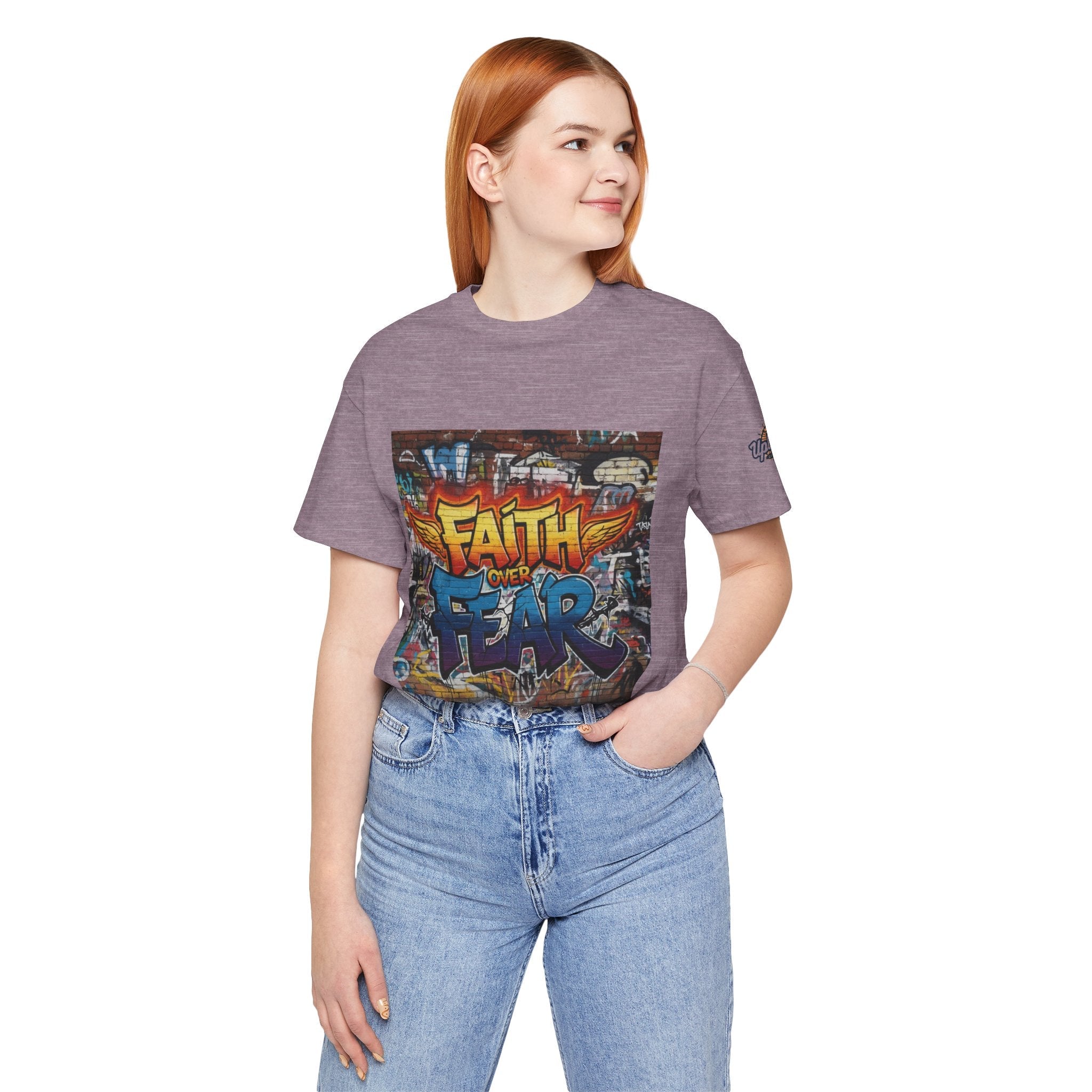 Faith Over Fear T-shirt – Graffiti Wall Christian T-shirt for Bold 2 Corinthians 5:7 Streetwear & Unshakable Faith Printify