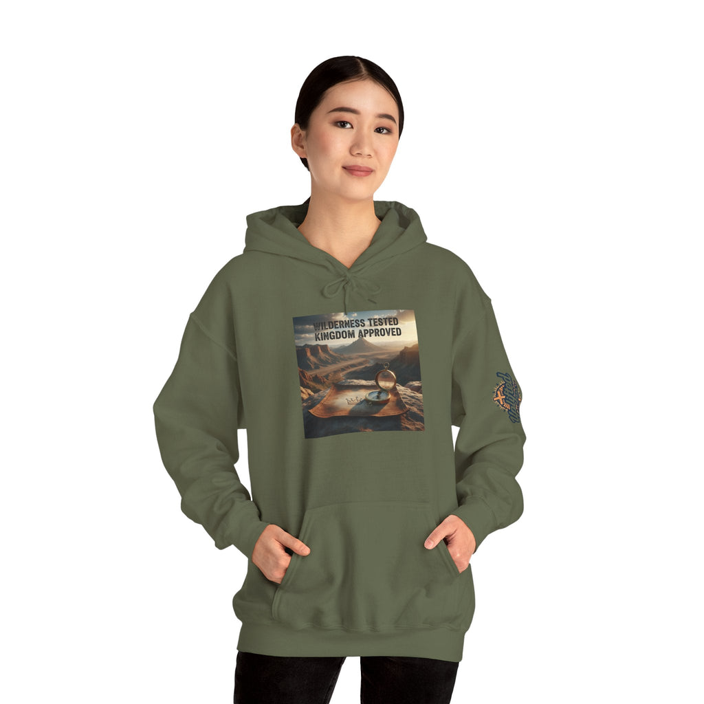 Wilderness Tested Kingdom Approved Hoodie – Mountain Desert Compass Crown Christian Sweatshirt for Biblical Adventure Faith Printify