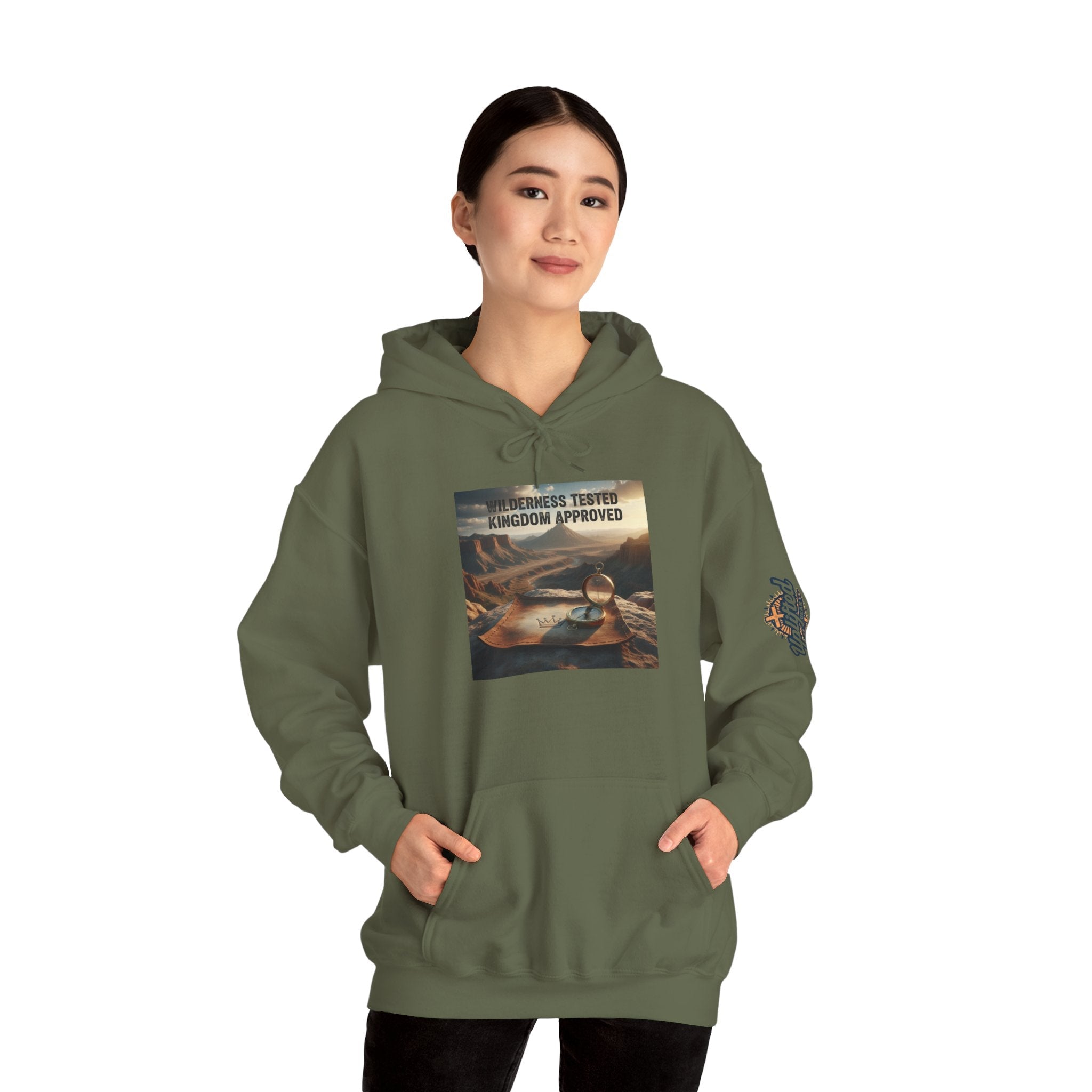 Wilderness Tested Kingdom Approved Hoodie – Mountain Desert Compass Crown Christian Sweatshirt for Biblical Adventure Faith Printify