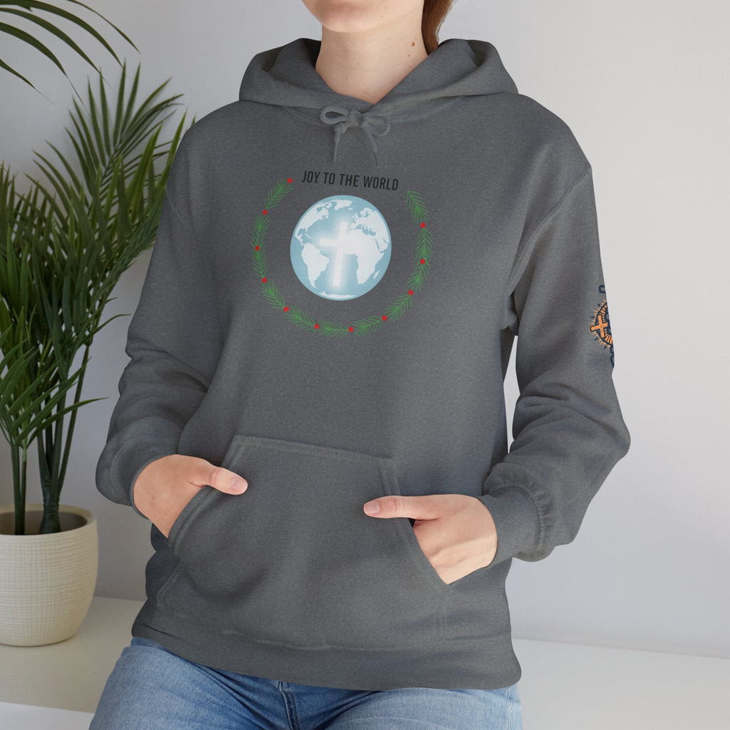 Joy to the World Hoodie – Wreath Earth Nativity Christian Christmas Sweatshirt for Isaiah 9:6 Holiday Faith & Festive Joy Printify