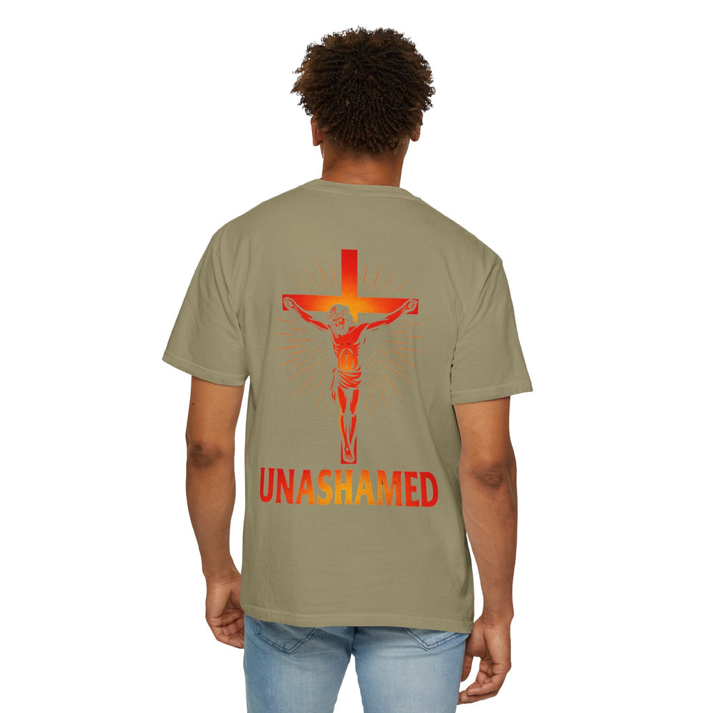 Unashamed T-shirt – Romans 1:16 Crucifixion Christian t-shirt for Bold Unwavering Faith Red Printify