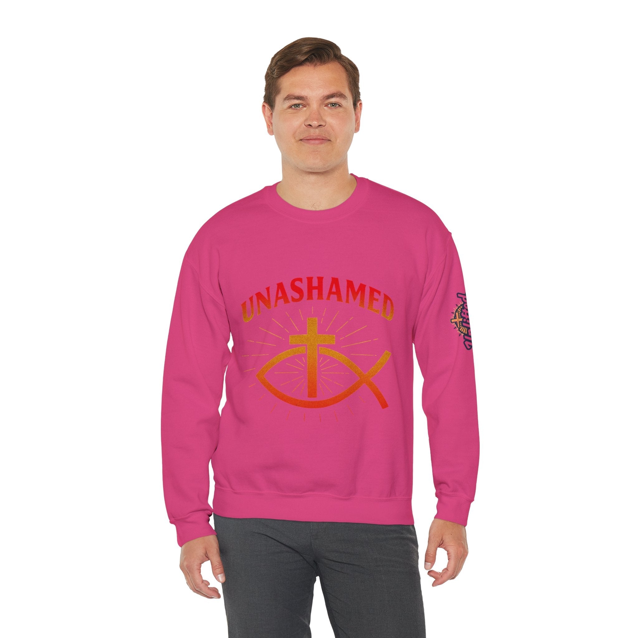 Unashamed Sweatshirt – Ichthys Jesus Fish & Cross Christian Sweatshirt for Romans 1:16 Bold Faith Printify