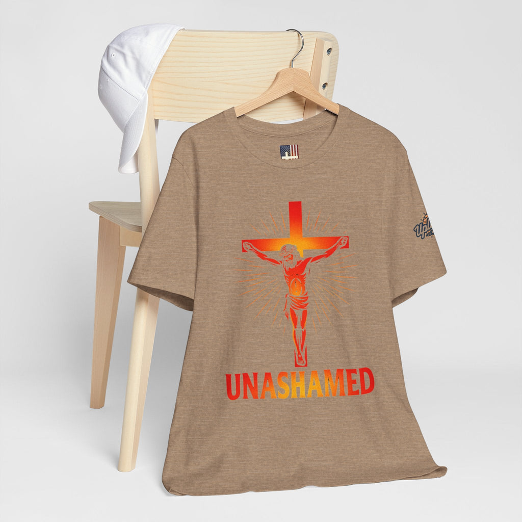 Unashamed T-shirt – Romans 1:16 Crucifixion Christian t-shirt for Bold Unwavering Faith Printify