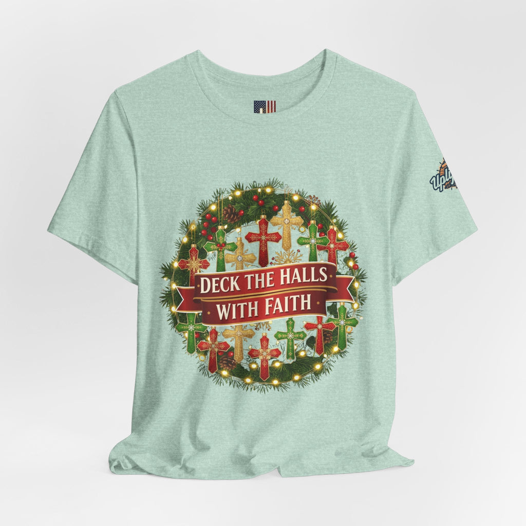 🎄 Deck the Halls with Faith – Christian Christmas T-Shirt | Cross Ornament Design & Festive Garland | Bold Holiday Faith Tee by Uplifted Gear Printify