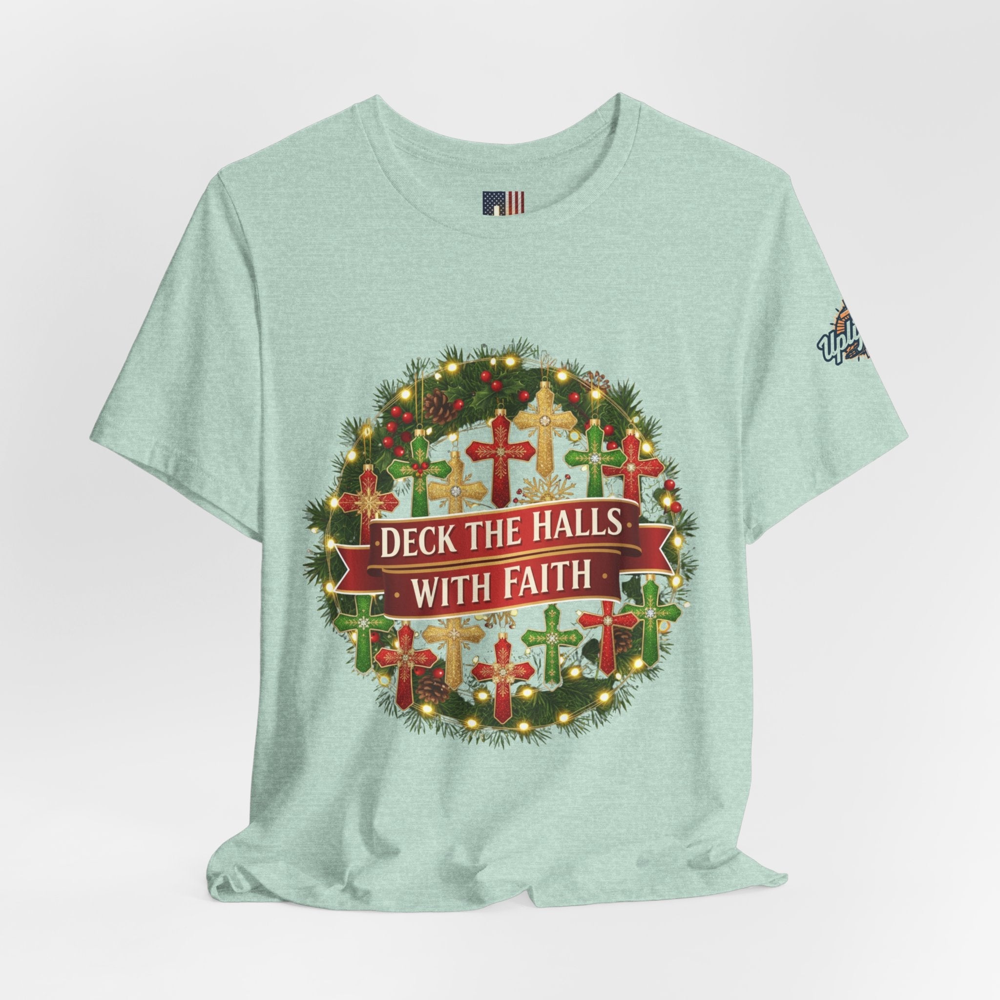 🎄 Deck the Halls with Faith – Christian Christmas T-Shirt | Cross Ornament Design & Festive Garland | Bold Holiday Faith Tee by Uplifted Gear Printify
