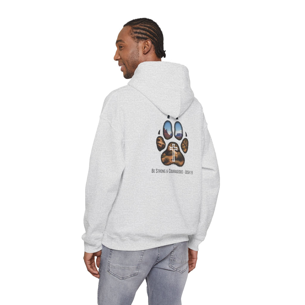 Strong and Courageous Hoodie – Joshua 1:9 Canine Pawprint Desert Christian Hoodie for Dog Lovers Printify