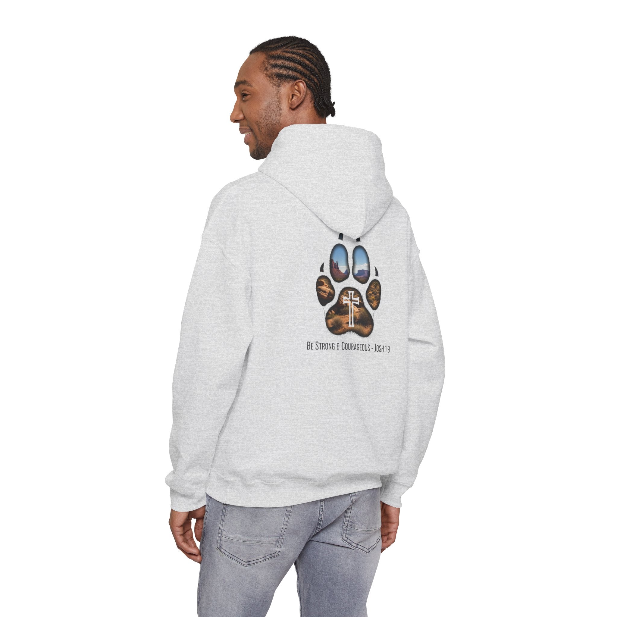 Strong and Courageous Hoodie – Joshua 1:9 Canine Pawprint Desert Christian Hoodie for Dog Lovers Printify