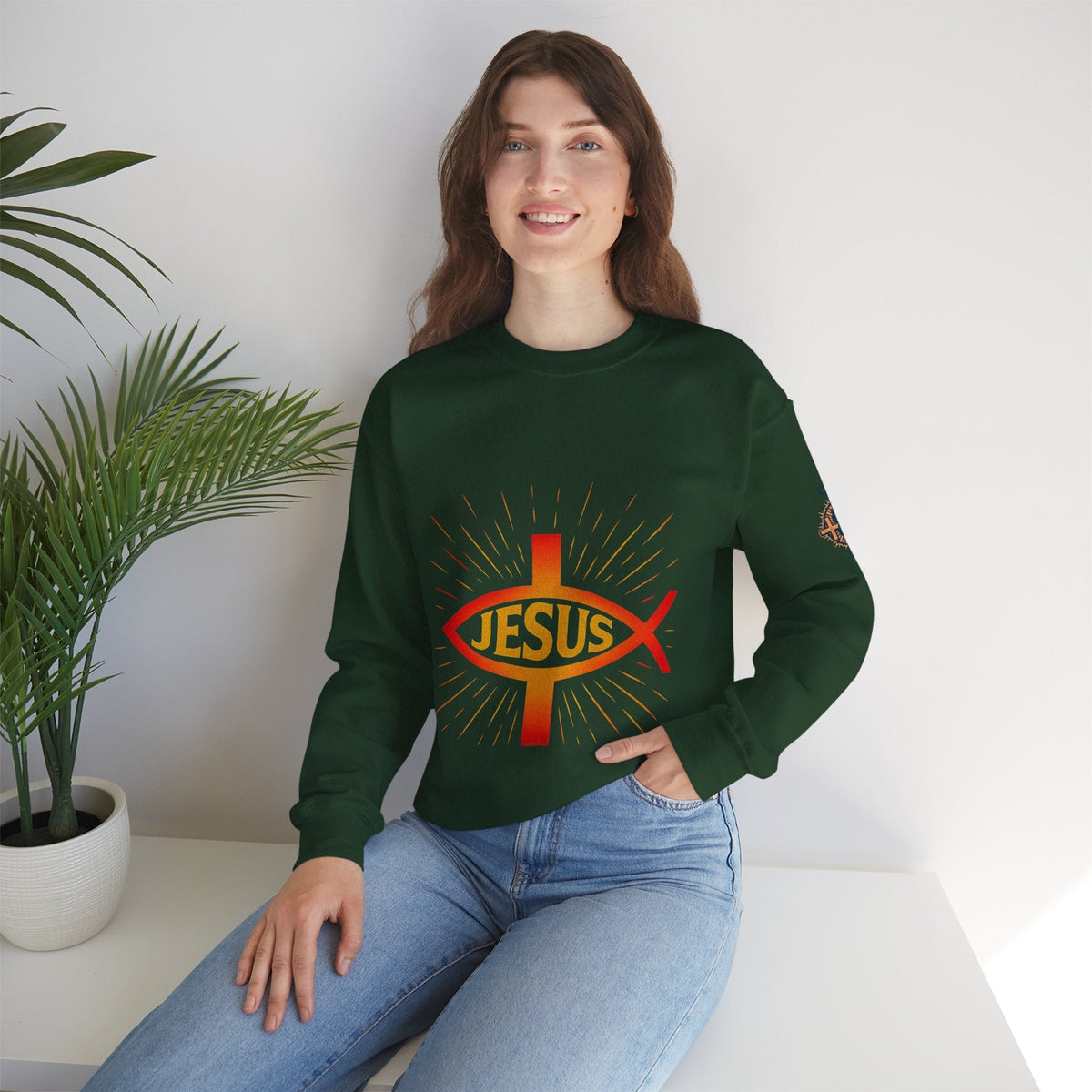 Jesus Ichthys Sweatshirt – Christian Fish Symbol with Cross & Jesus Inscription Sweatshirt for Eternal Faith & Streetwear Printify