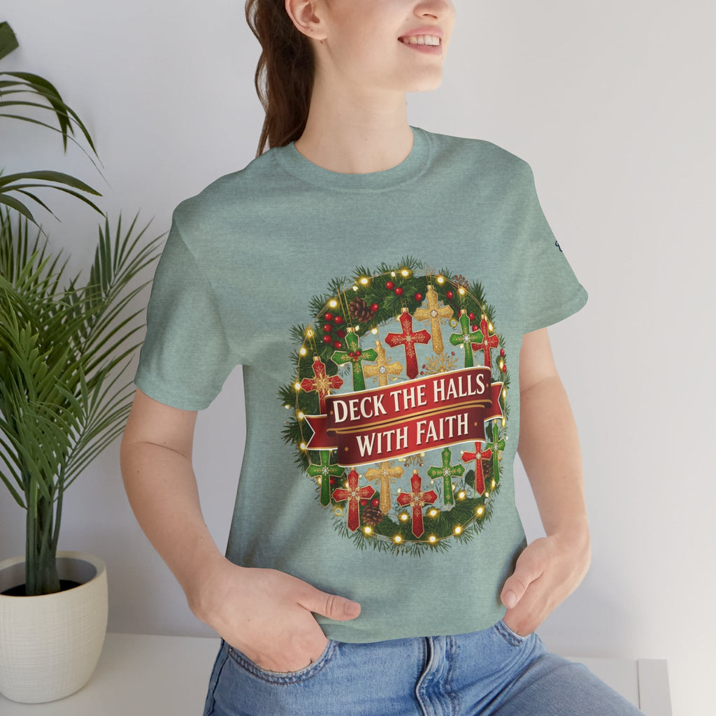 🎄 Deck the Halls with Faith – Christian Christmas T-Shirt | Cross Ornament Design & Festive Garland | Bold Holiday Faith Tee by Uplifted Gear Printify