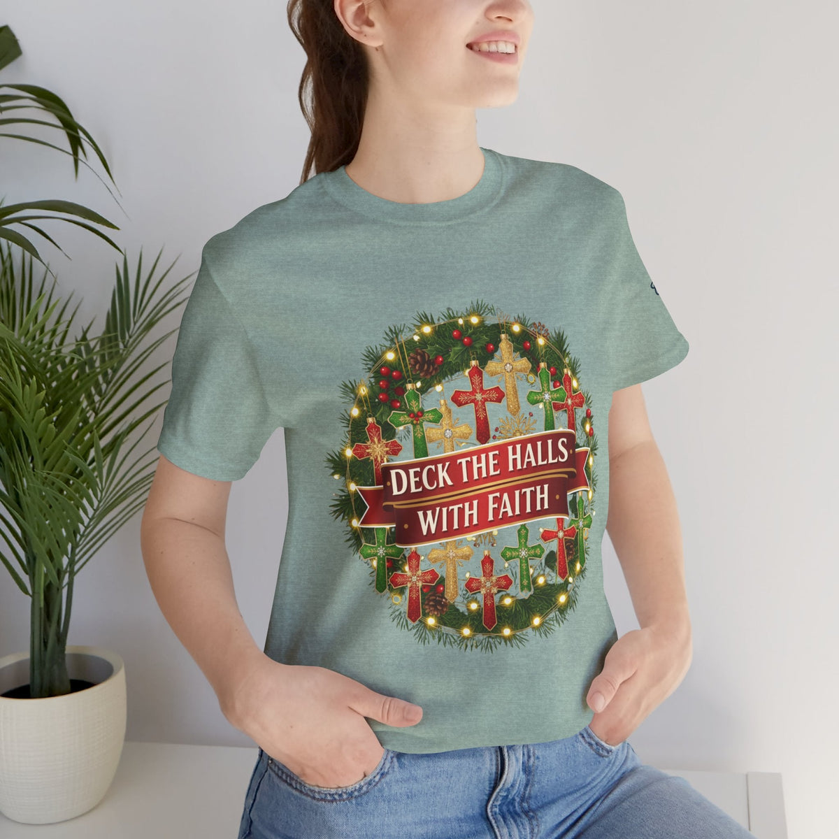 🎄 Deck the Halls with Faith – Christian Christmas T-Shirt | Cross Ornament Design & Festive Garland | Bold Holiday Faith Tee by Uplifted Gear Printify