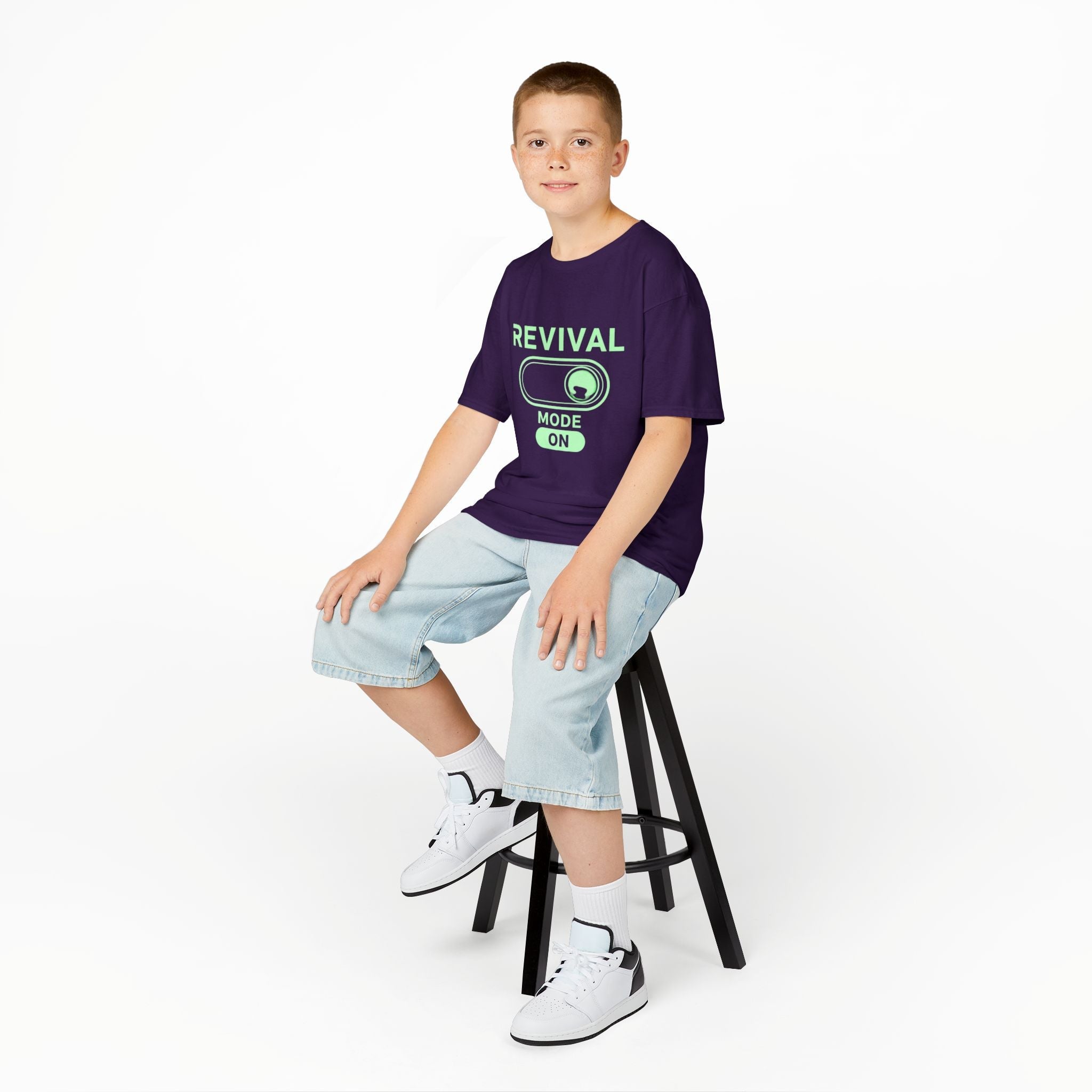 🔥 Revival Mode: ON – Christian Techwear Kids T-Shirt | Glowing Green Faith Switch | Futuristic Jesus Shirt | Activate Your Spiritual Awakening | Uplifted Gear Printify