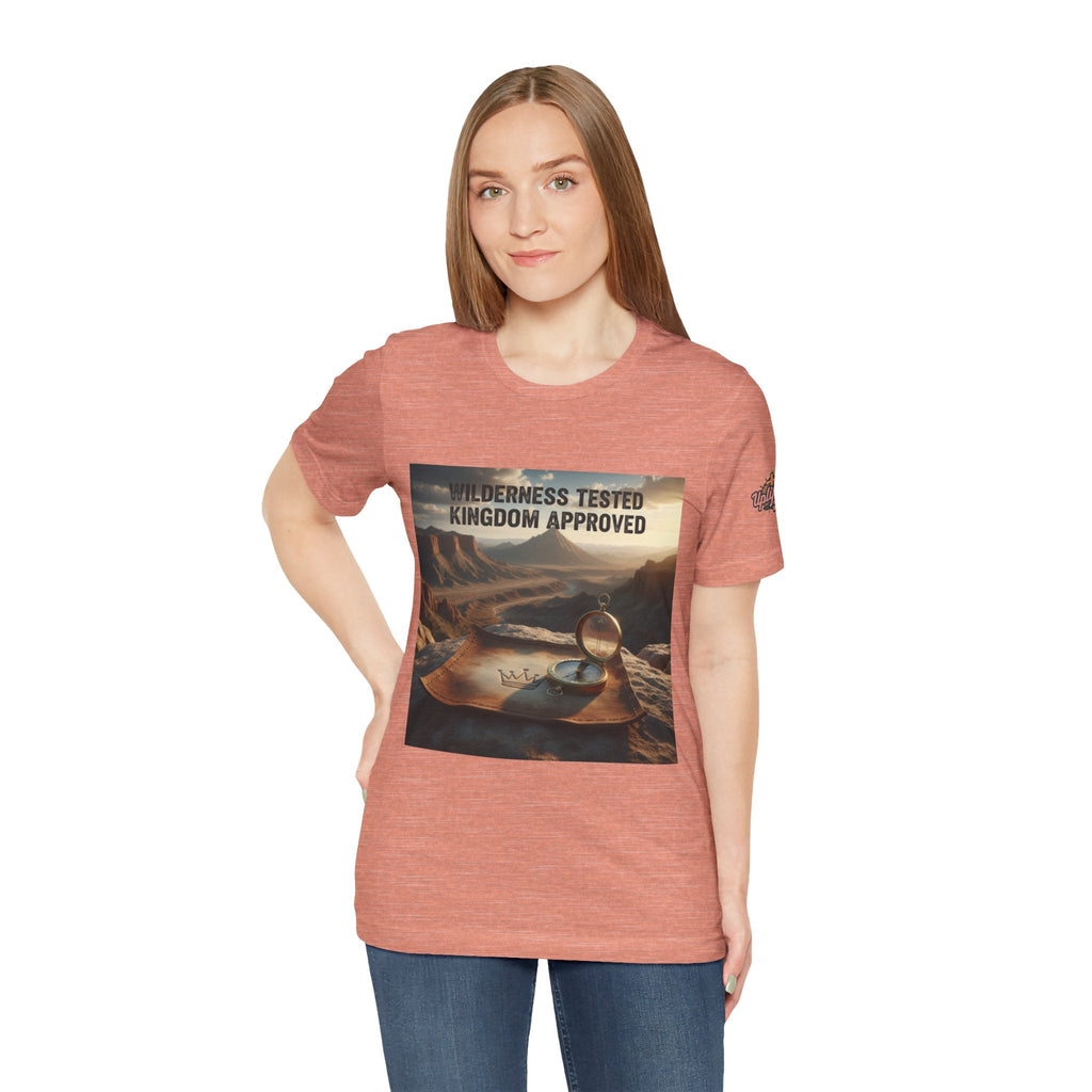 Wilderness Tested Kingdom Approved T-shirt – Mountain Desert Compass Crown Christian T-shirt for Biblical Adventure Faith Printify