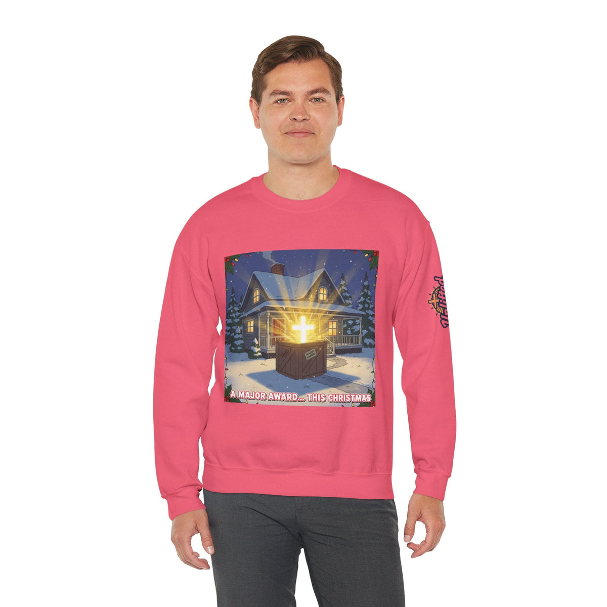 A Major Award This Christmas Sweatshirt – Fragile Leg Lamp Parody Cross Unboxing Christian Sweatshirt for Hilarious Faith & Holiday Glow Printify