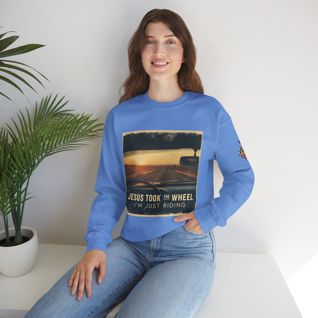 Jesus Took the Wheel I'm Just Riding Sweatshirt – Funny Christian Convertible Car Sweatshirt for Surrendered Faith & Humor