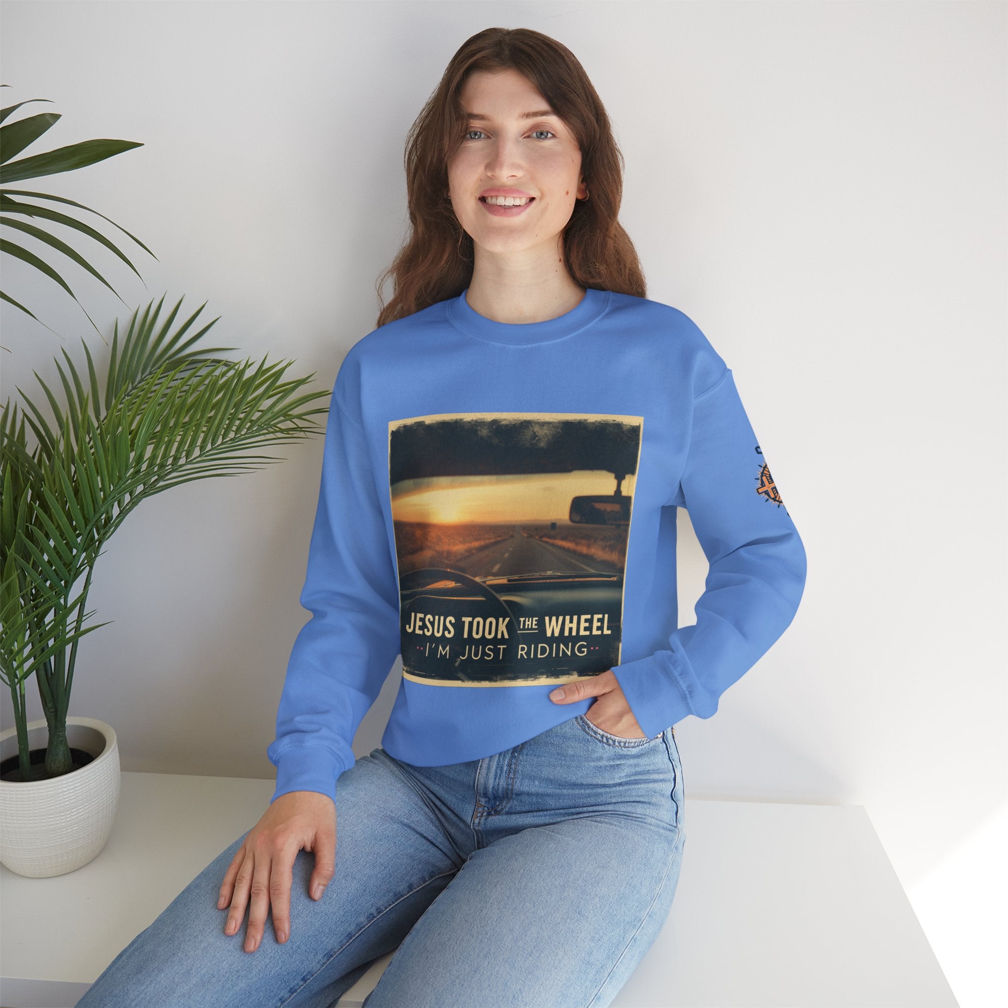 Jesus Took the Wheel I'm Just Riding Sweatshirt – Funny Christian Convertible Car Sweatshirt for Surrendered Faith & Humor