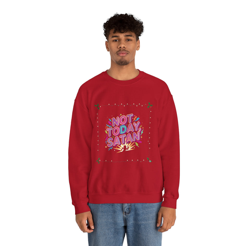 🔥 Not Today, Satan – Retro 90s Christian Sweatshirt | Neon Faith Tee | Funky Cartoon Devil | Bold Bible Verse Shirt | Uplifted Gear Printify
