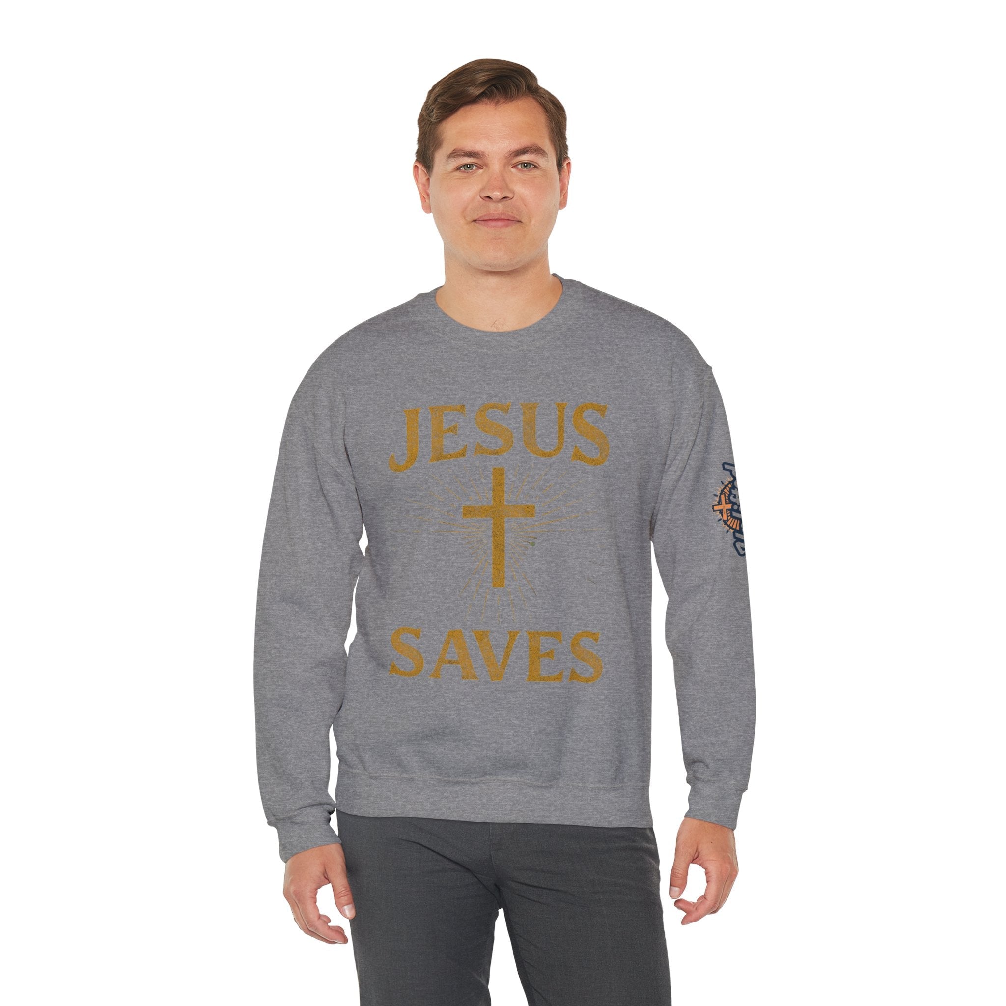 Jesus Saves Sweatshirt – Radiant Cross & Rays of Light Christian Sweatshirt for Eternal Hope & Faith Printify