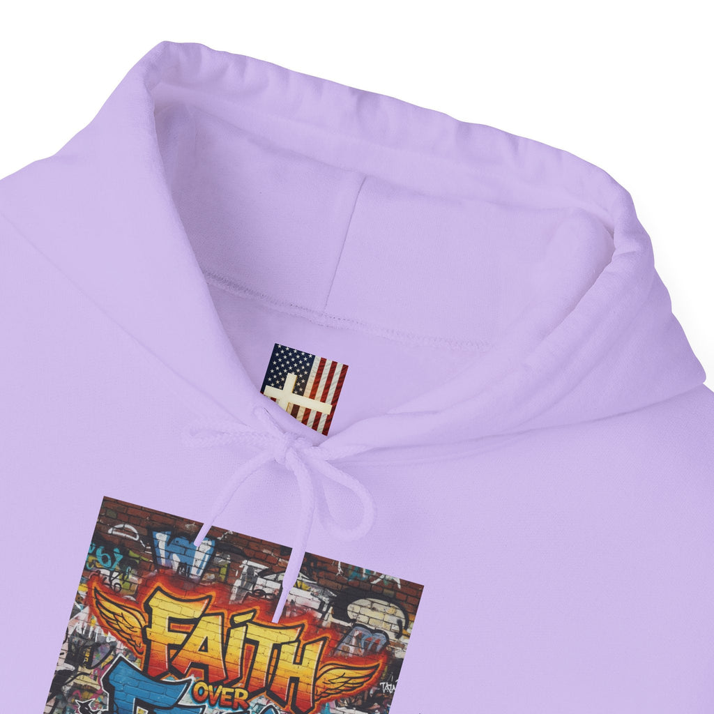 Faith Over Fear Hoodie – Graffiti Wall Christian Sweatshirt for Bold 2 Corinthians 5:7 Streetwear & Unshakable Faith Printify
