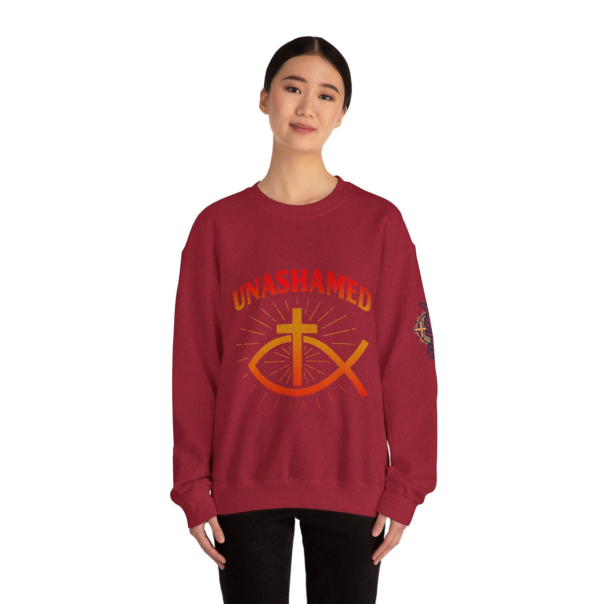 Unashamed Sweatshirt – Ichthys Jesus Fish & Cross Christian Sweatshirt for Romans 1:16 Bold Faith Printify