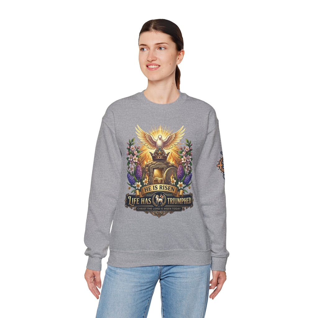 He Is Risen "Life Has Triumphed" Sweatshirt — Easter Resurrection Christian Sweatshirt Printify