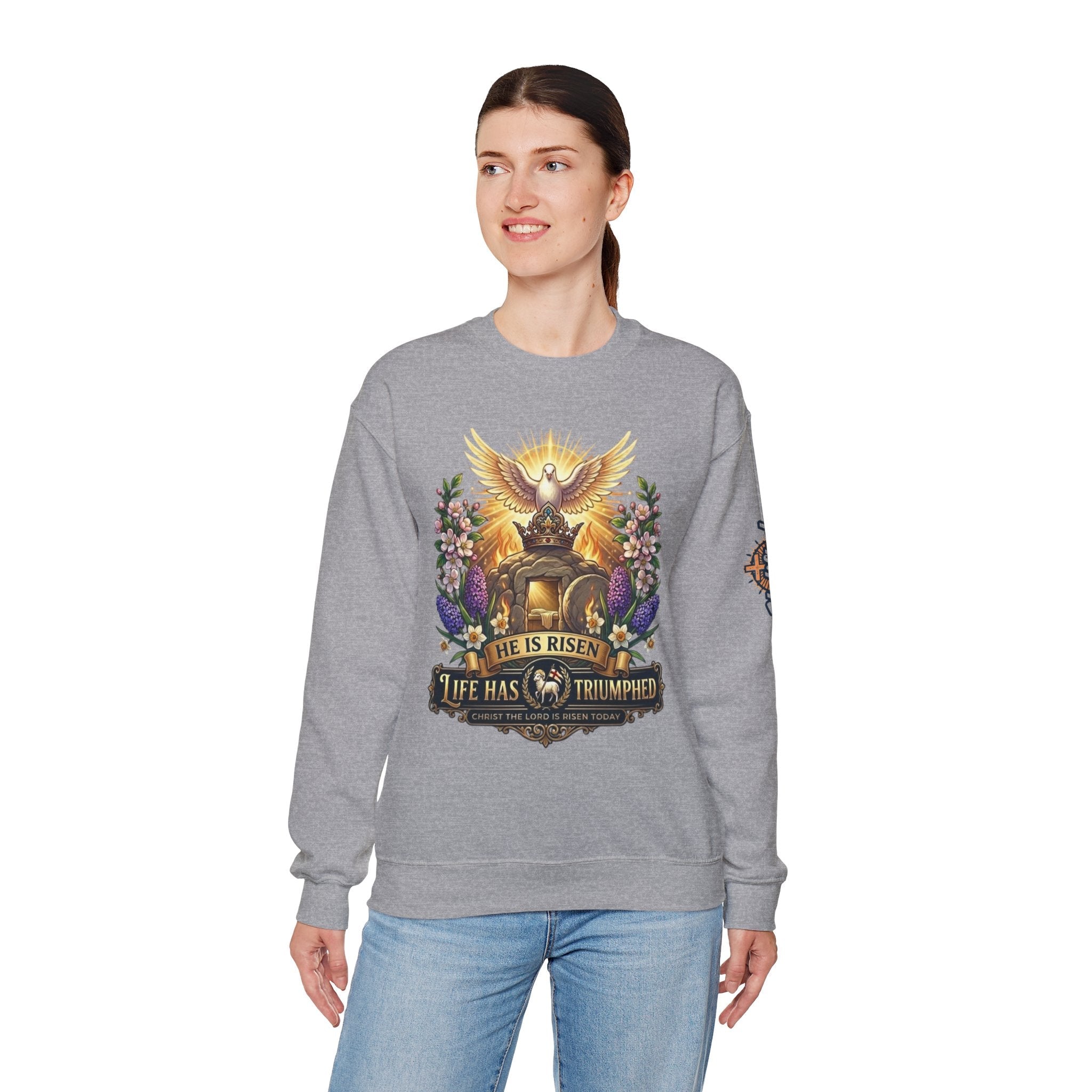 He Is Risen "Life Has Triumphed" Sweatshirt — Easter Resurrection Christian Sweatshirt Printify