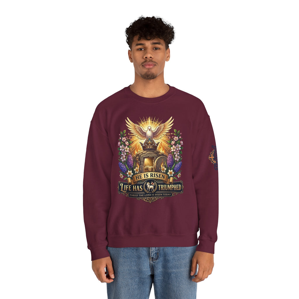 He Is Risen "Life Has Triumphed" Sweatshirt — Easter Resurrection Christian Sweatshirt Printify