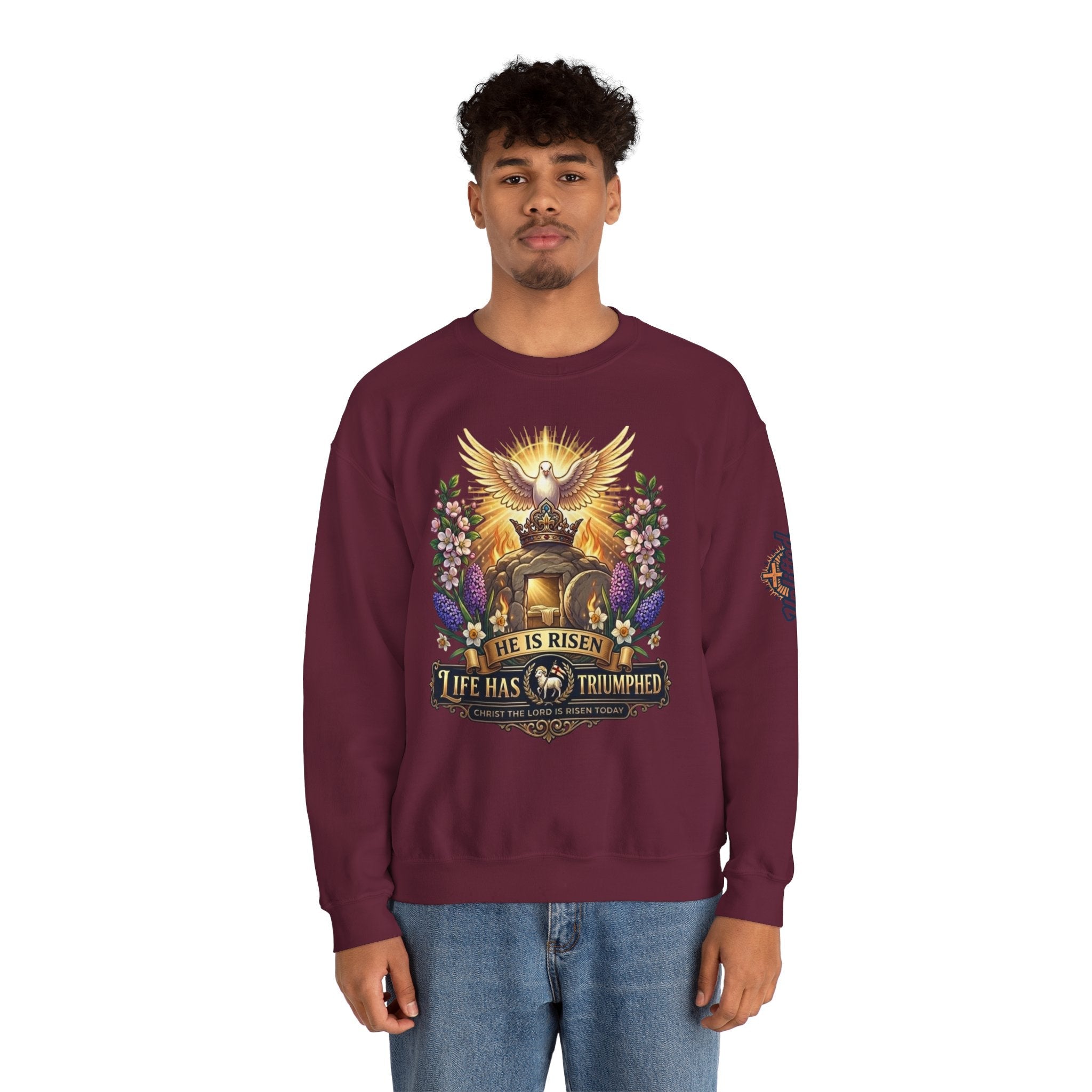 He Is Risen "Life Has Triumphed" Sweatshirt — Easter Resurrection Christian Sweatshirt Printify