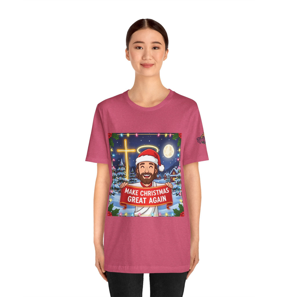 🎄 Make Christmas Great Again – Funny Christian T-Shirt | Jesus Holding Banner | Faith-Based Holiday Parody Tee | Uplifted Gear Printify