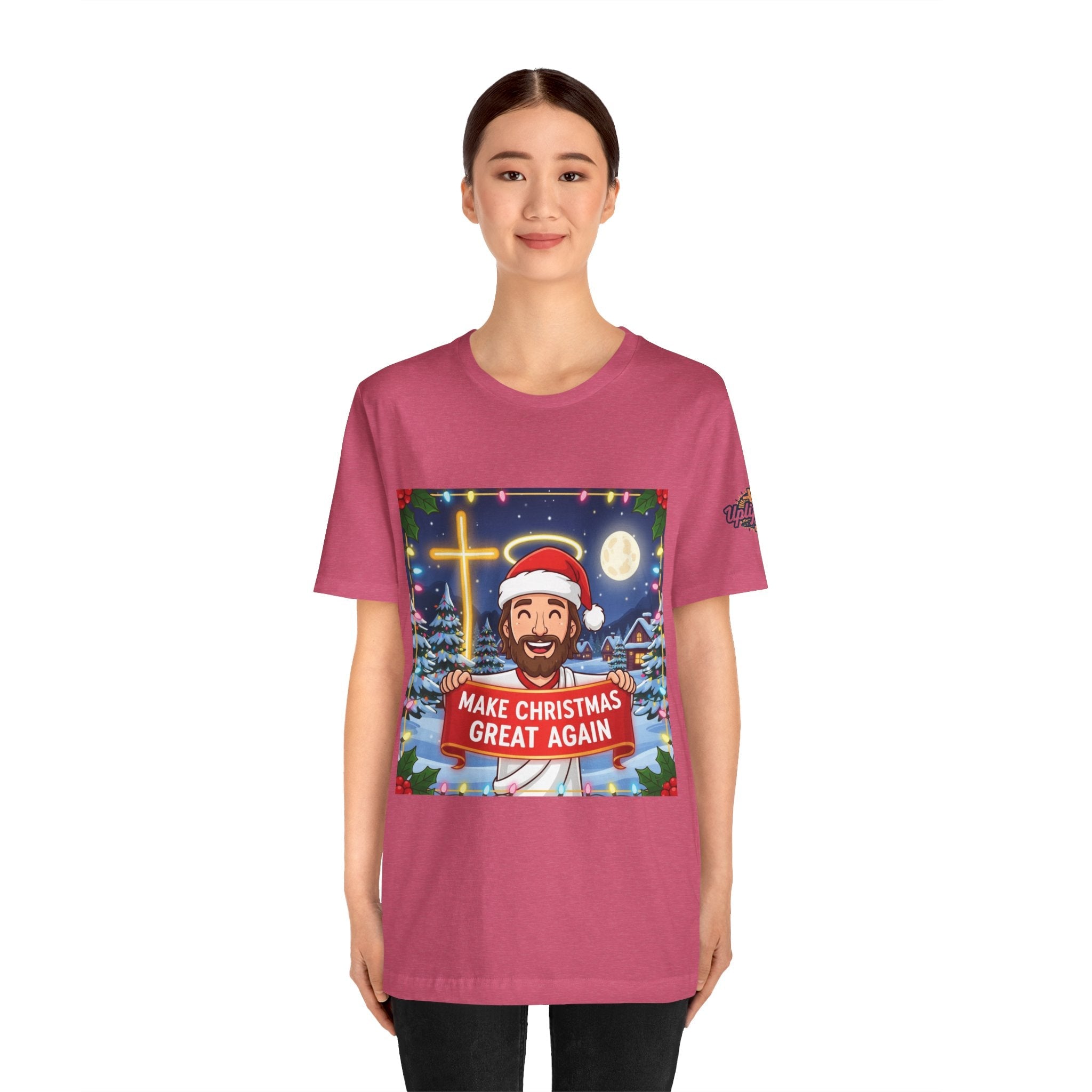🎄 Make Christmas Great Again – Funny Christian T-Shirt | Jesus Holding Banner | Faith-Based Holiday Parody Tee | Uplifted Gear Printify