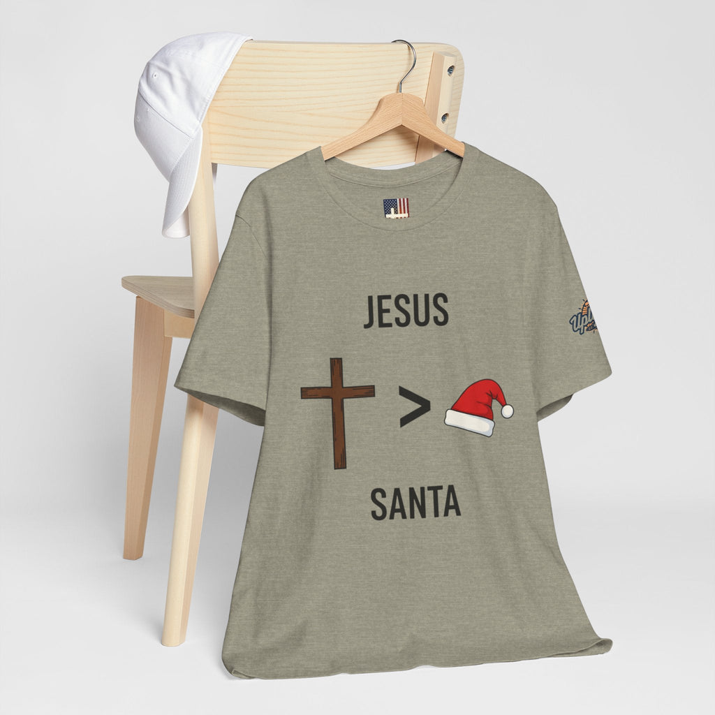 🎄 Jesus > Santa – Minimalist Christian Christmas T-Shirt | Bold Faith Over Holiday Tee | Cross vs Santa Hat Design | Uplifted Gear Printify