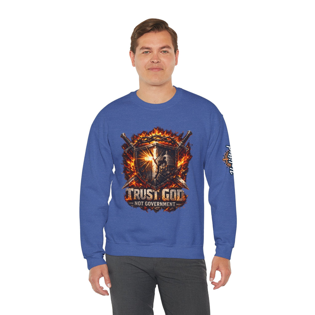 Trust God Not Government Shield Sweatshirt — Patriotic Christian Faith Sweatshirt Printify