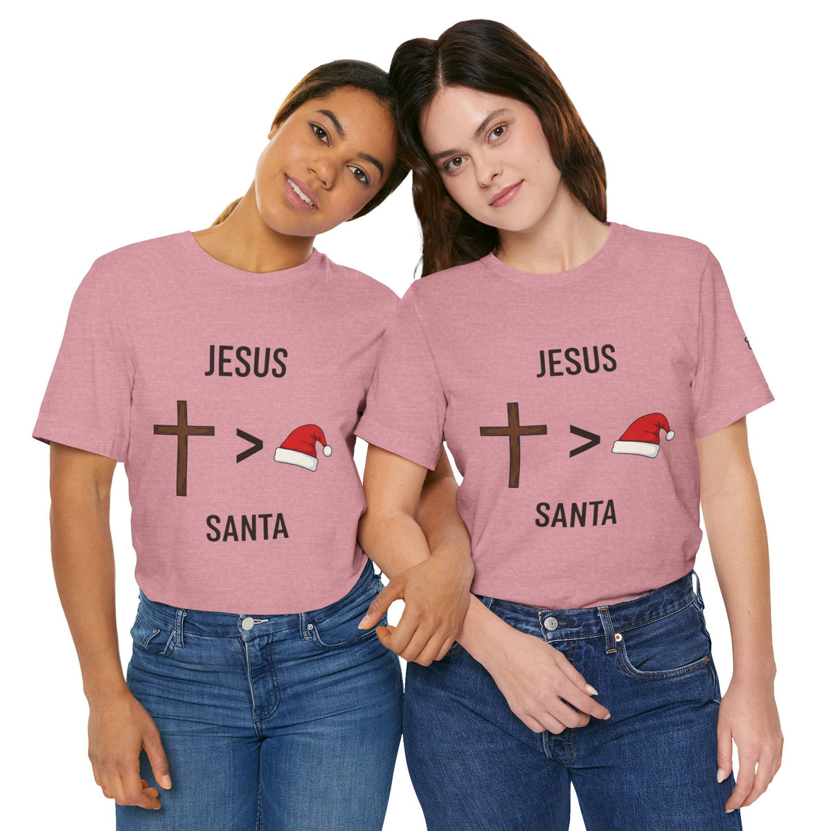 🎄 Jesus > Santa – Minimalist Christian Christmas T-Shirt | Bold Faith Over Holiday Tee | Cross vs Santa Hat Design | Uplifted Gear Printify