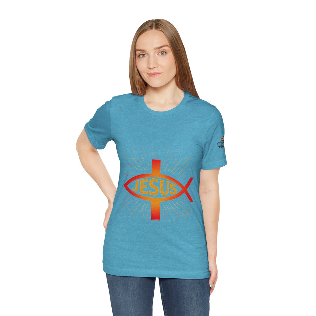 Jesus Ichthys T-shirt – Christian Fish Symbol with Cross & Jesus Inscription T-shirt for Eternal Faith & Streetwear Printify